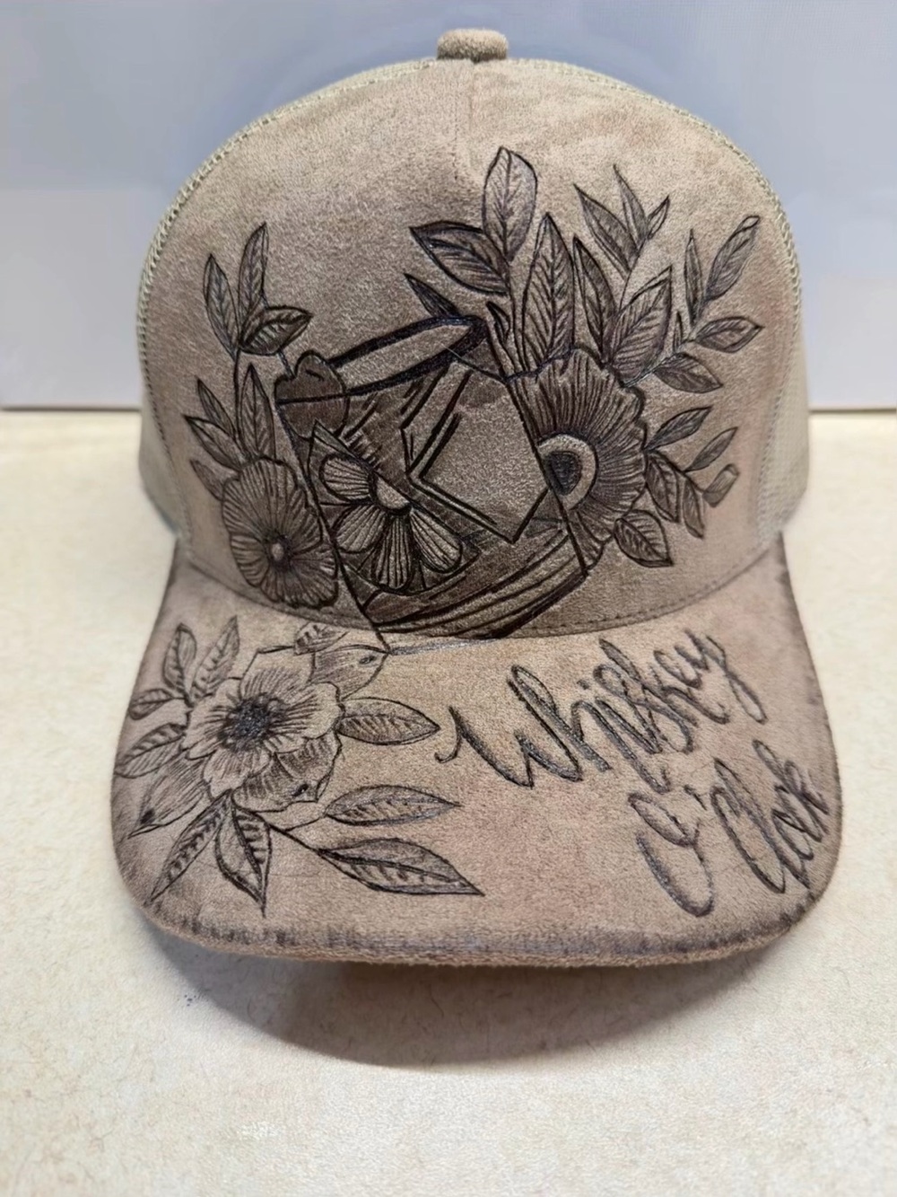 Whiskey Club Embroidered Floral Suede Baseball Cap - Tan